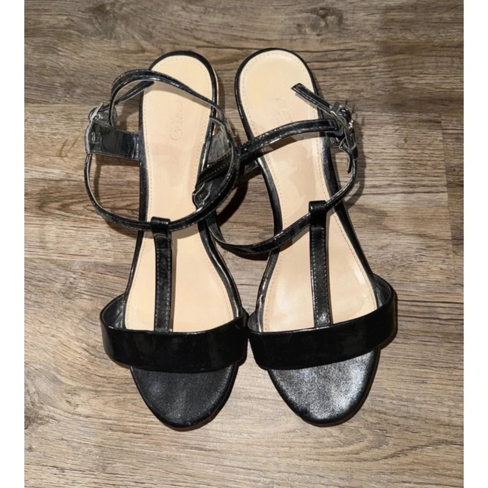 Cato Black Patent T-Strap Cork Wedge Sandals Womens Summer Ankle Strap Shoes